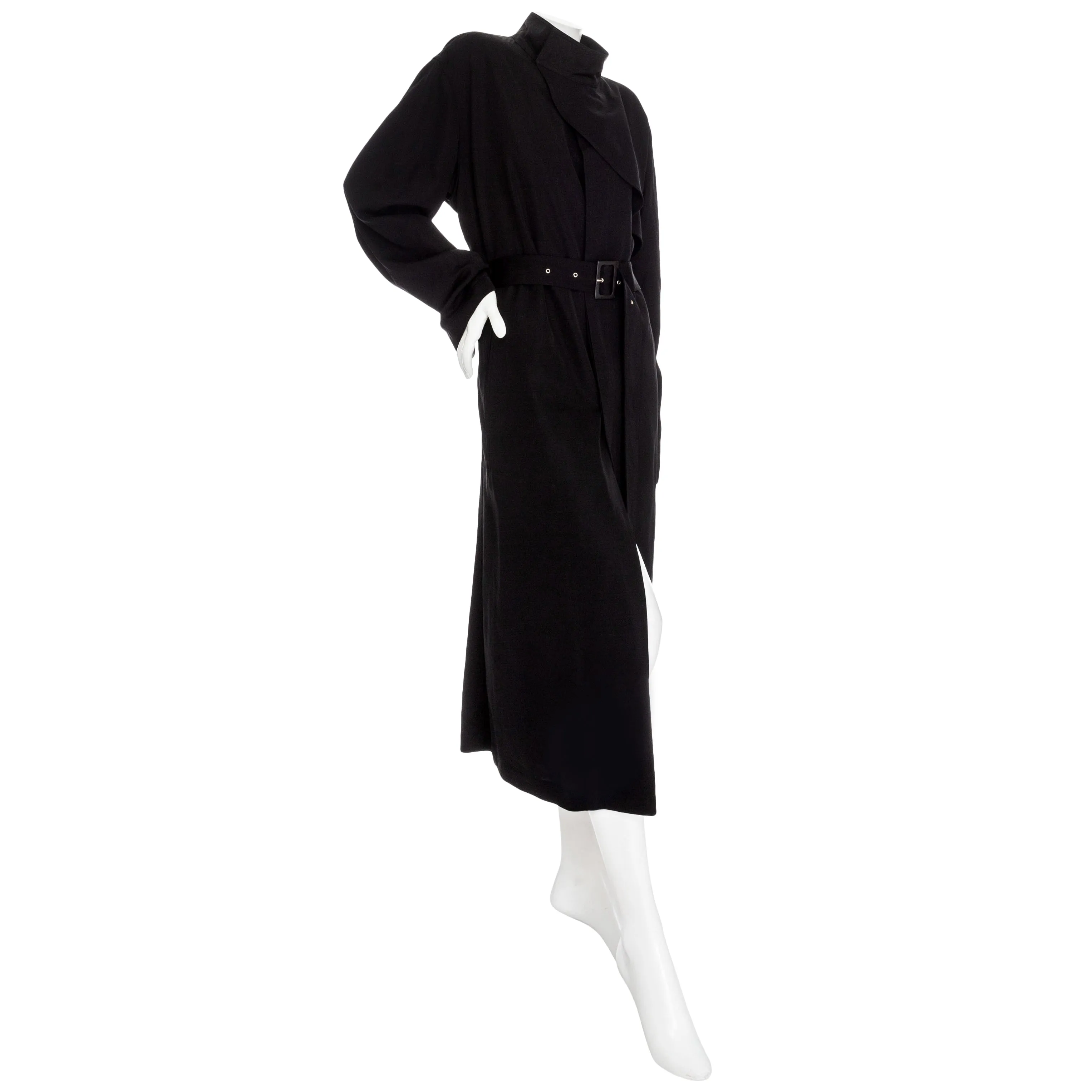 1980s Black Wool-Blend Belted Trench Coat