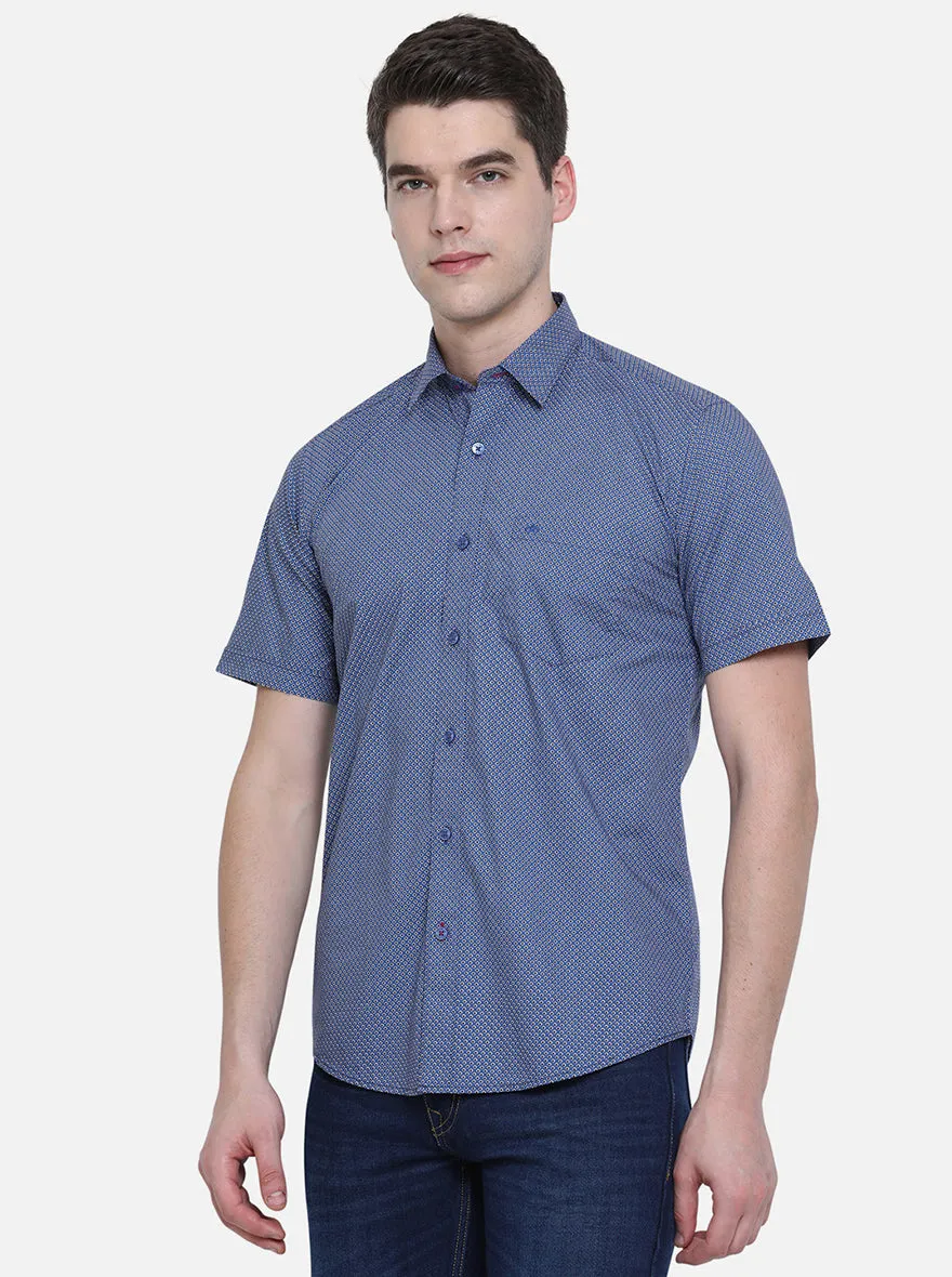 Bijou Blue Printed Slim Fit Semi Casual Shirt | JadeBlue