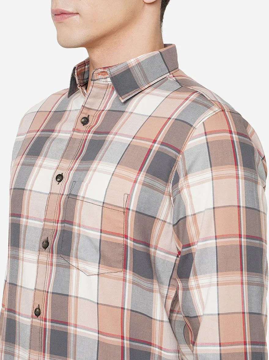 Brown & Grey Checked Slim Fit Semi Casual Shirt | JadeBlue