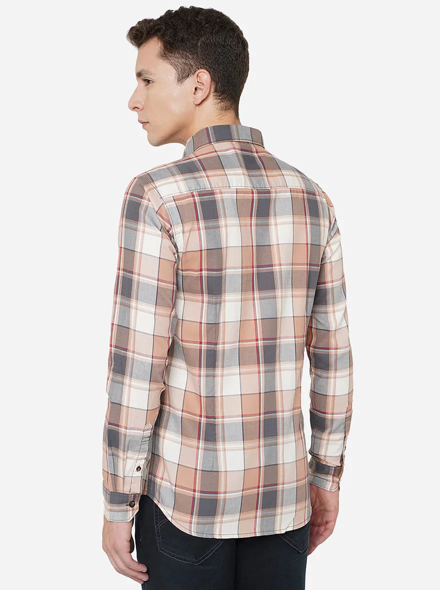 Brown & Grey Checked Slim Fit Semi Casual Shirt | JadeBlue