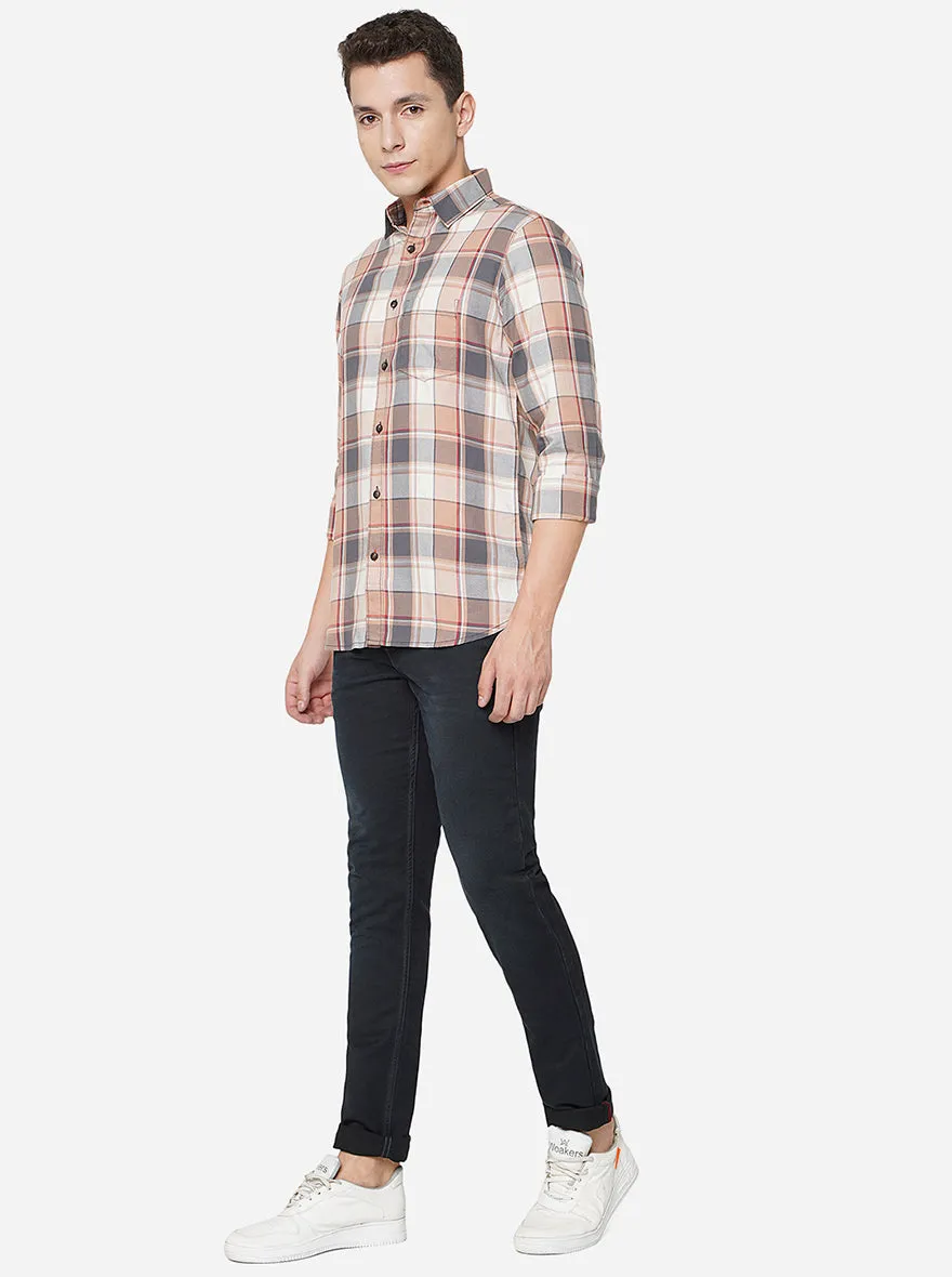 Brown & Grey Checked Slim Fit Semi Casual Shirt | JadeBlue