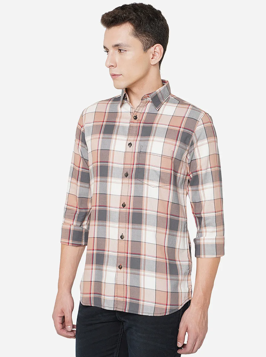 Brown & Grey Checked Slim Fit Semi Casual Shirt | JadeBlue