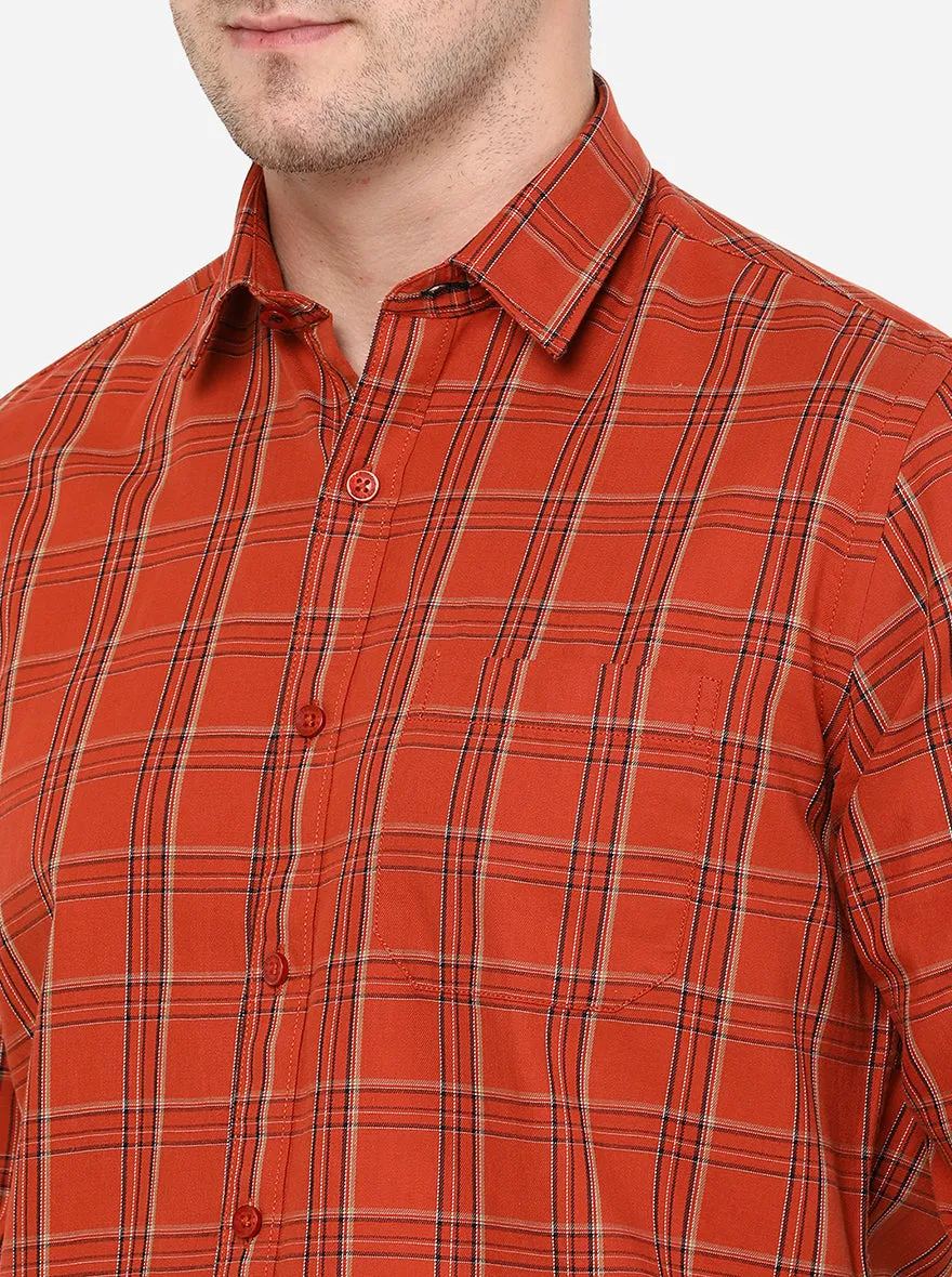 Brunt Orange Checked Slim Fit Casual Shirt | Greenfibre