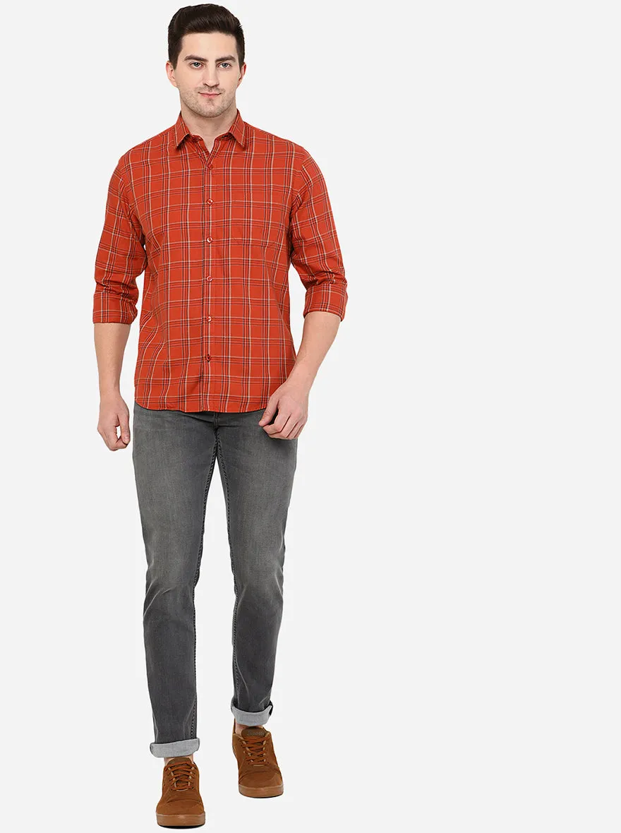 Brunt Orange Checked Slim Fit Casual Shirt | Greenfibre