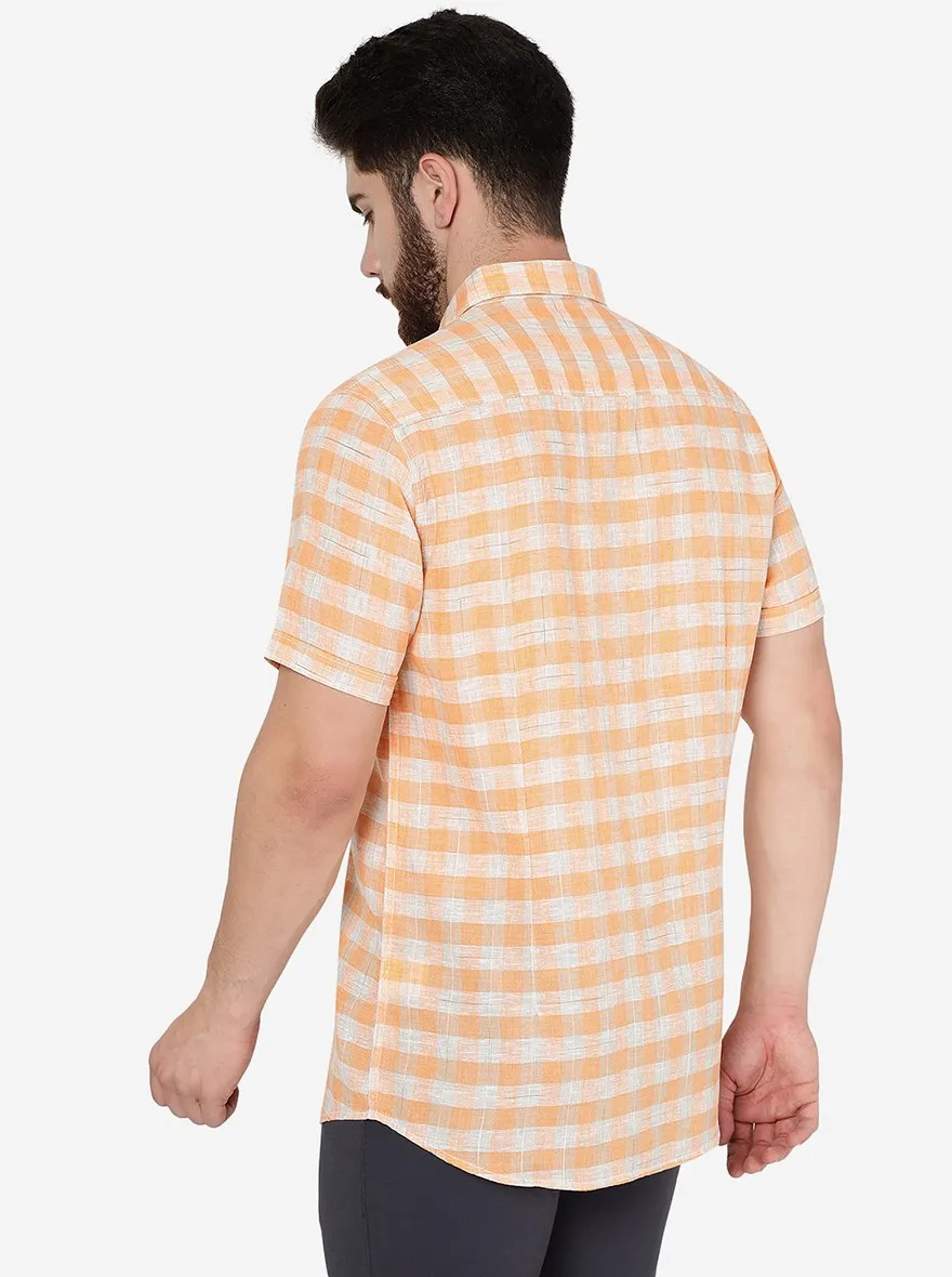 Canteloupe Peach Checked Slim Fit Casual Shirt | JadeBlue