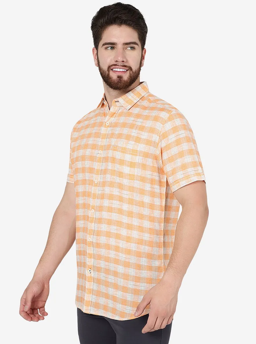 Canteloupe Peach Checked Slim Fit Casual Shirt | JadeBlue