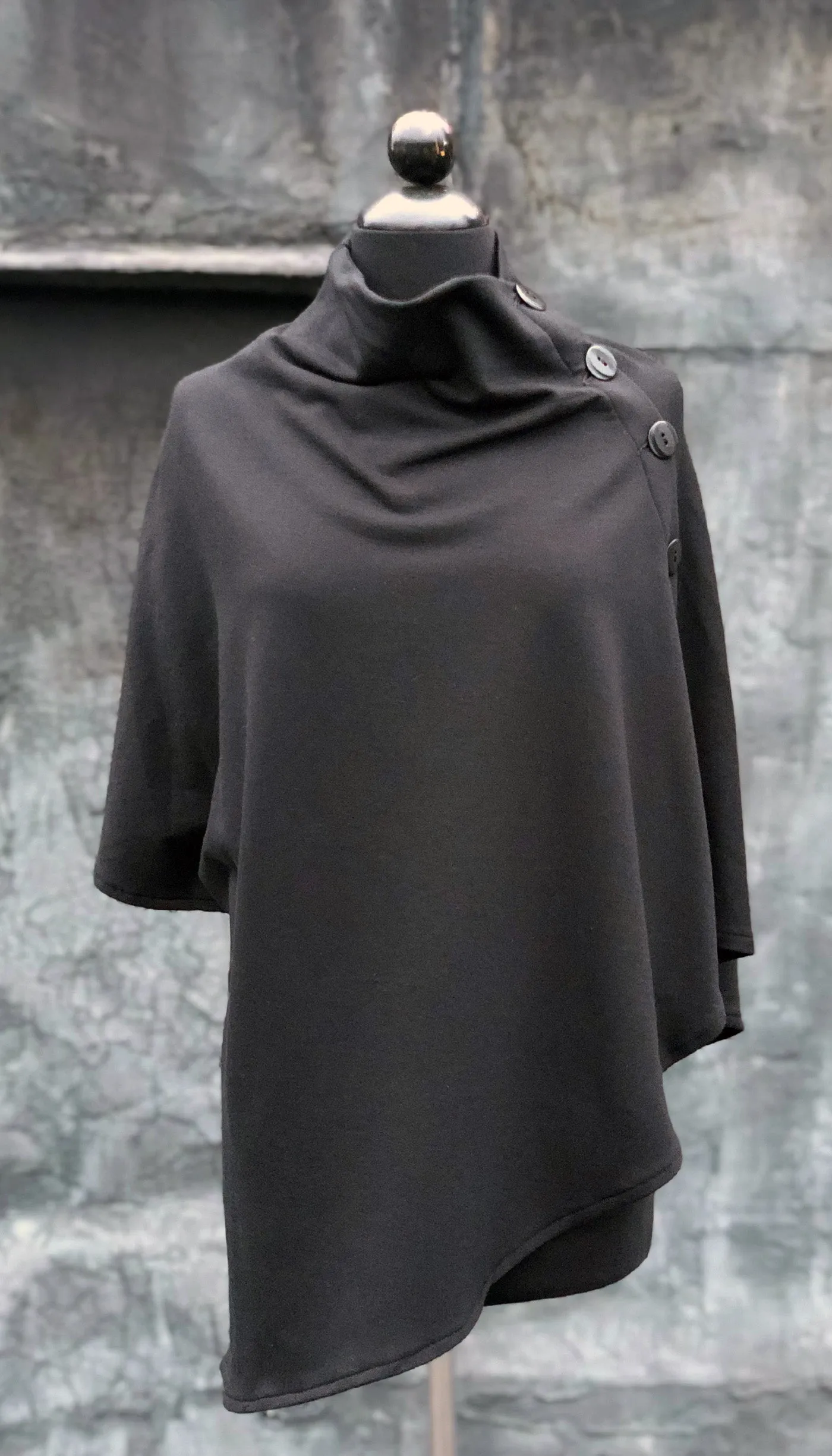 Convertible Side Button Asymmetrical Poncho/Vest/ Black