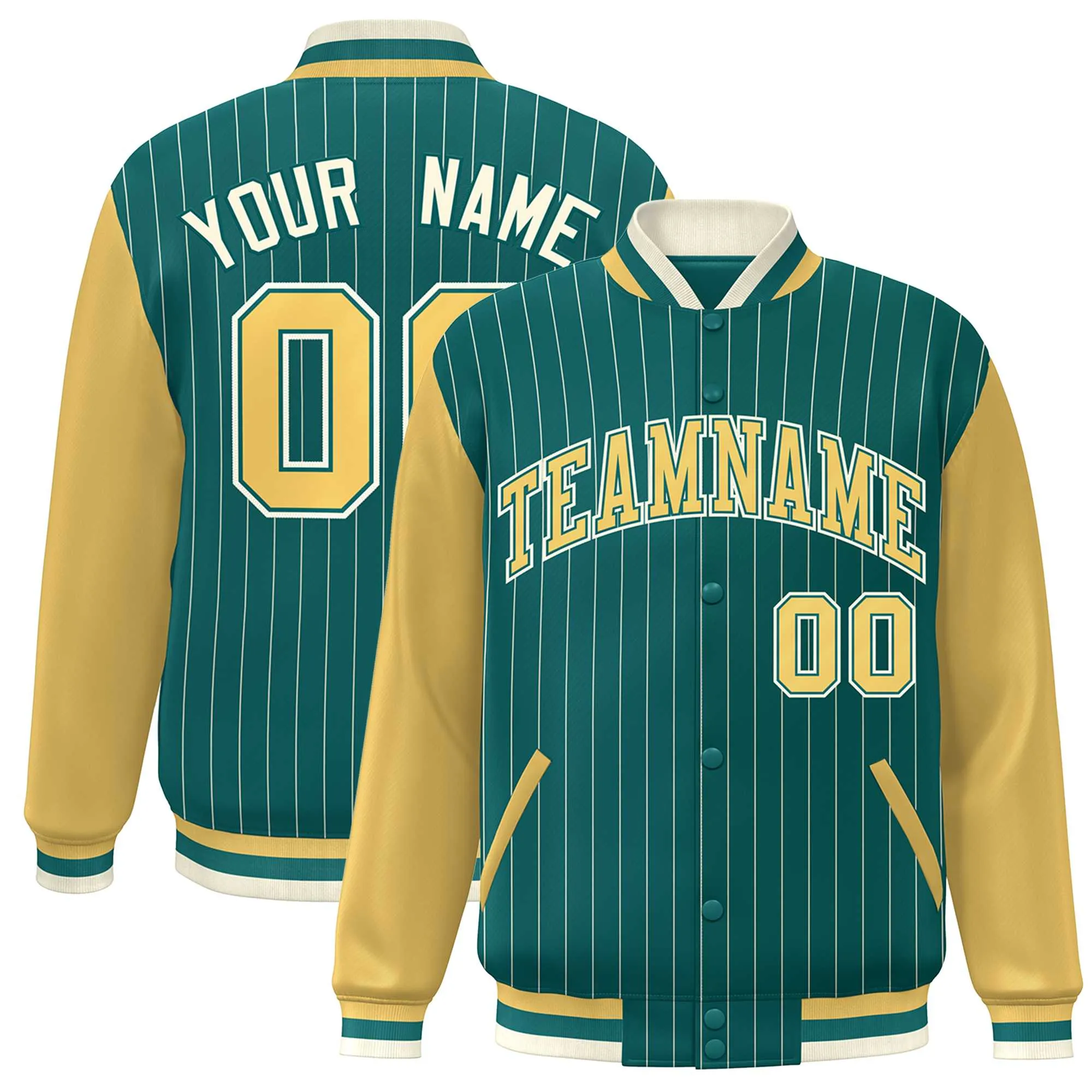 Custom Aqua Khaki-White Stripe Fashion Bomber Varsity Jacket with Raglan Sleeves