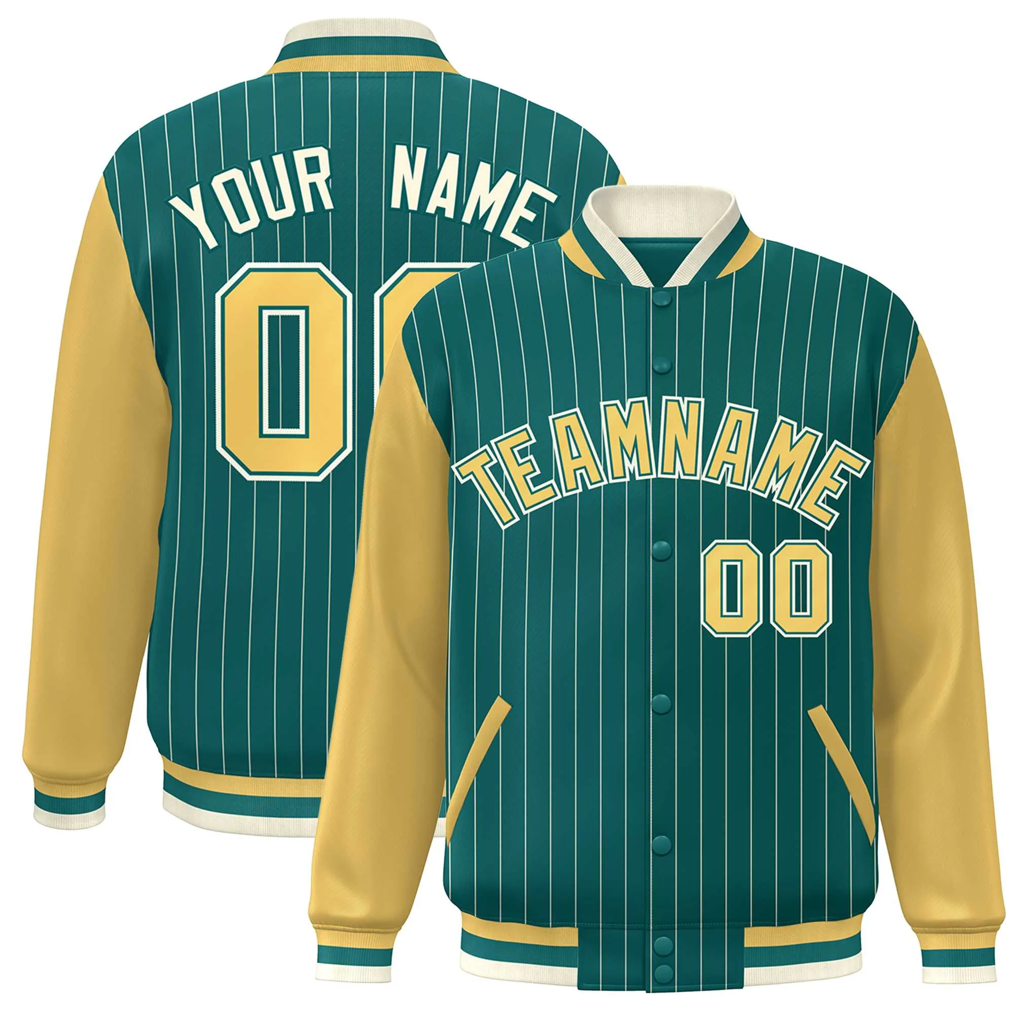 Custom Aqua Khaki-White Stripe Fashion Bomber Varsity Jacket with Raglan Sleeves