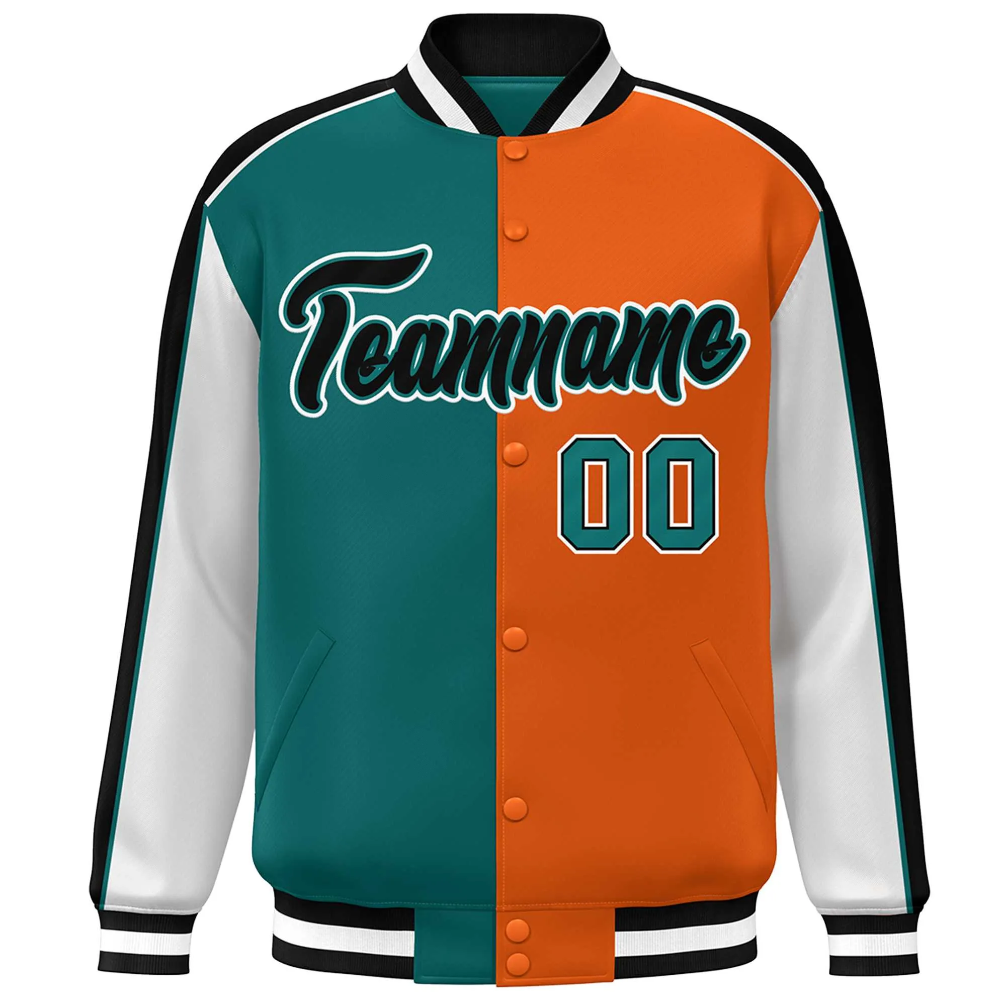 Custom Aqua Orange White-Black Color Block Bomber Varsity Full-Snap Baseball Jacket