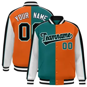 Custom Aqua Orange White-Black Color Block Bomber Varsity Full-Snap Baseball Jacket