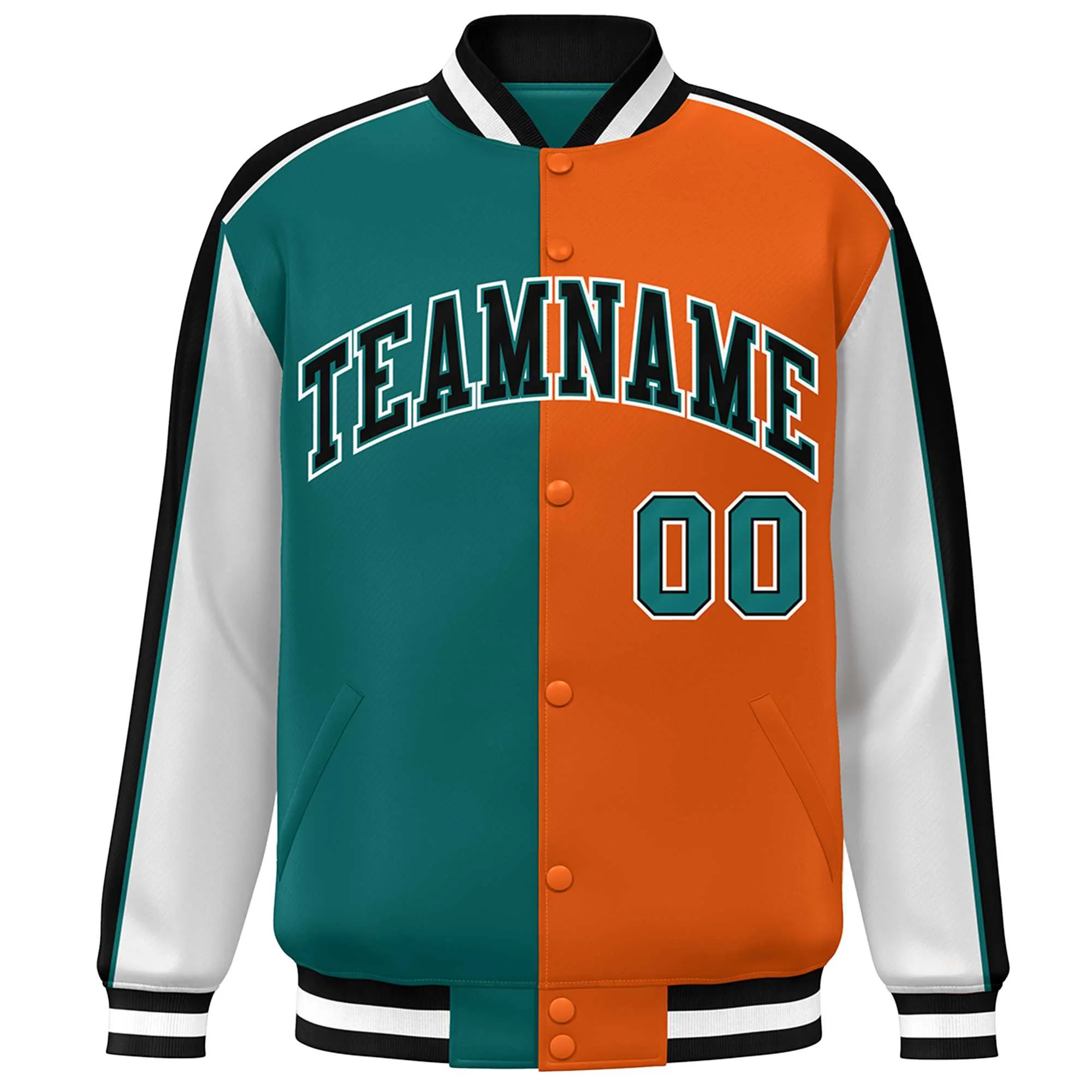 Custom Aqua Orange White-Black Color Block Bomber Varsity Full-Snap Baseball Jacket