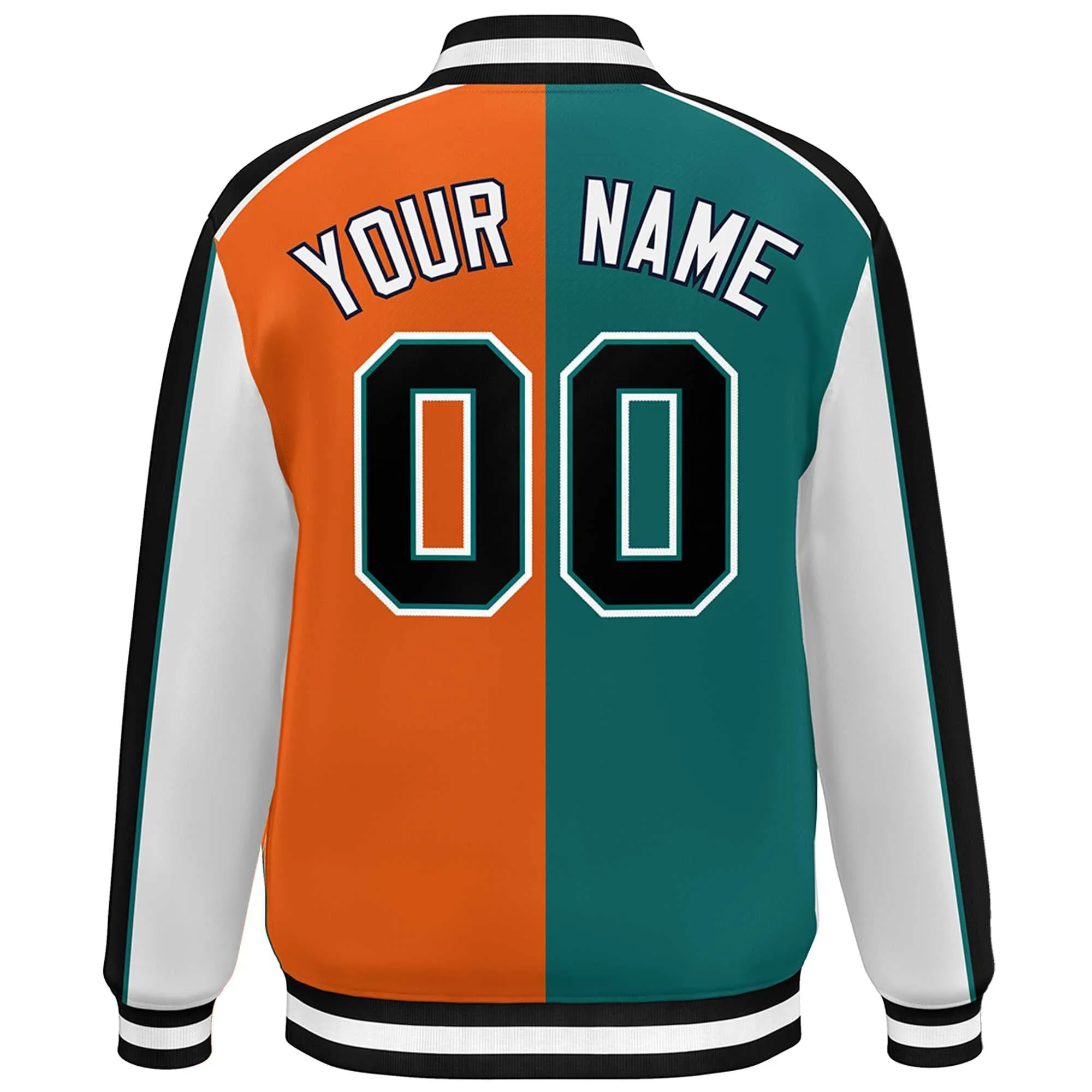 Custom Aqua Orange White-Black Color Block Bomber Varsity Full-Snap Baseball Jacket