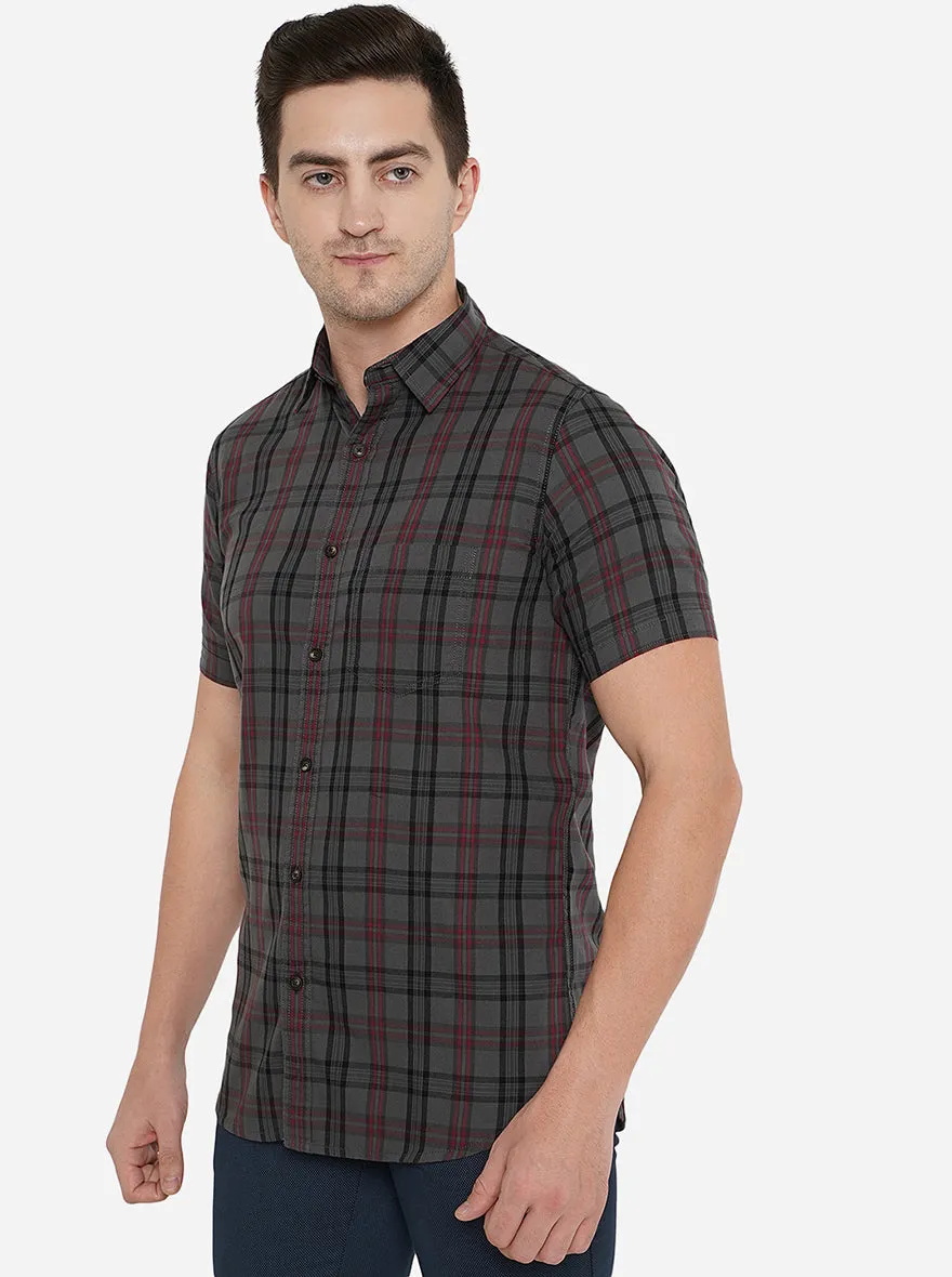 Dark Grey Checked Slim Fit Semi Casual Shirt | JadeBlue