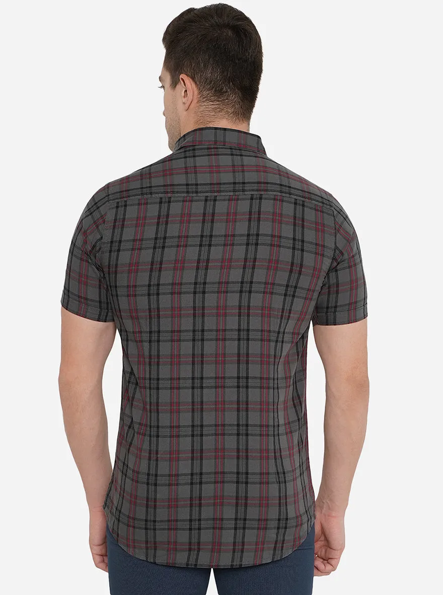 Dark Grey Checked Slim Fit Semi Casual Shirt | JadeBlue