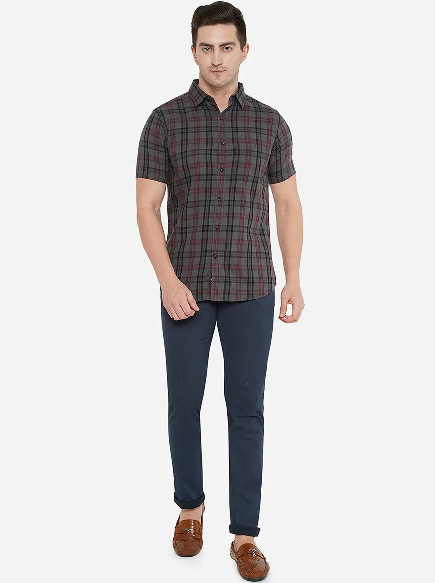 Dark Grey Checked Slim Fit Semi Casual Shirt | JadeBlue