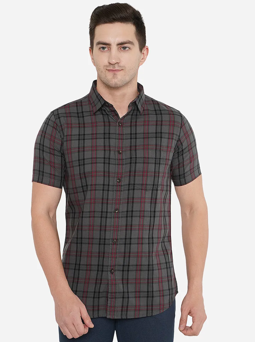 Dark Grey Checked Slim Fit Semi Casual Shirt | JadeBlue