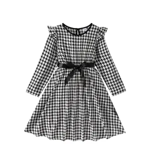 Elegant Black & White Girls Dress Tweed Print