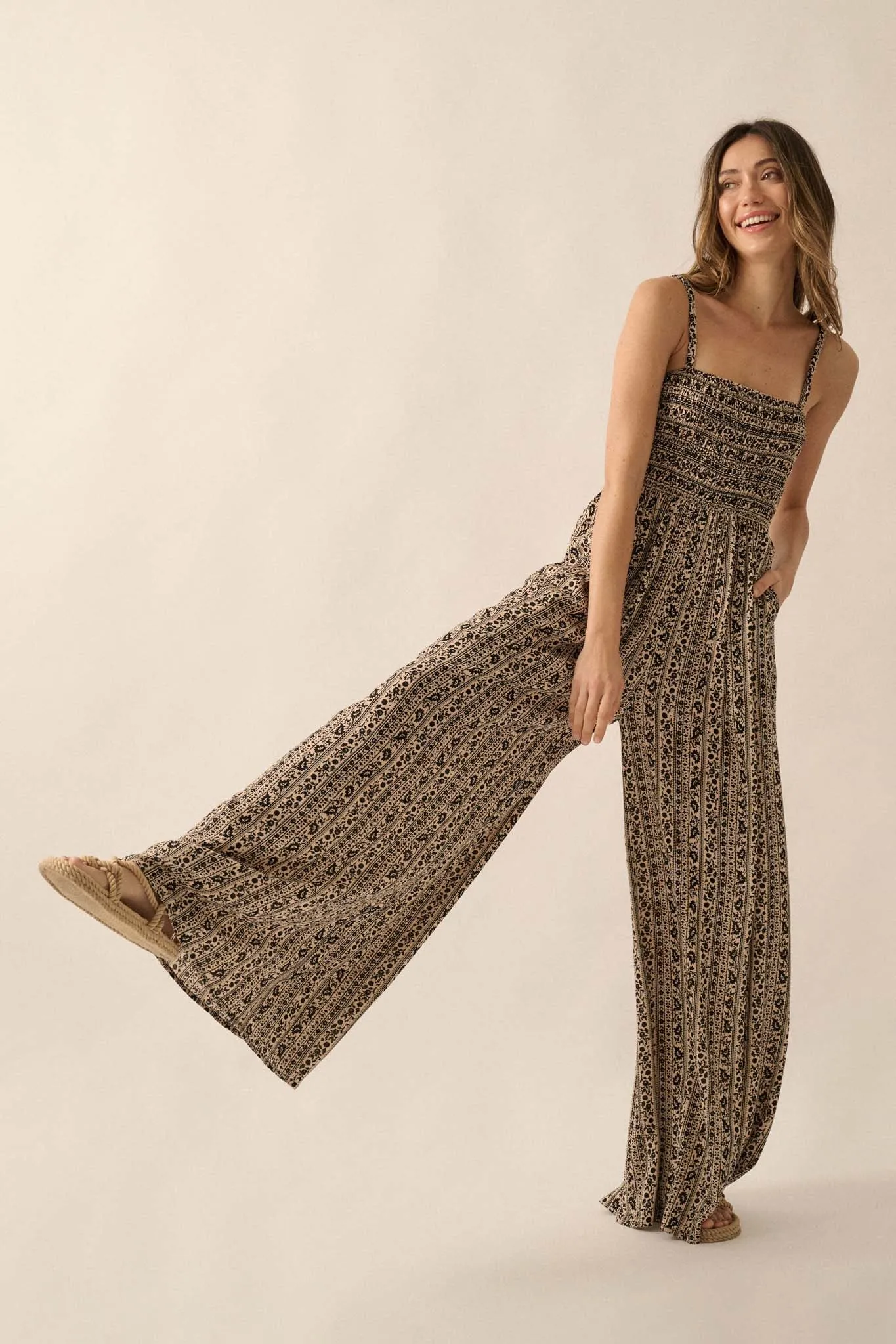 Far Off Somewhere Floral-Stripe Wide-Leg Jumpsuit