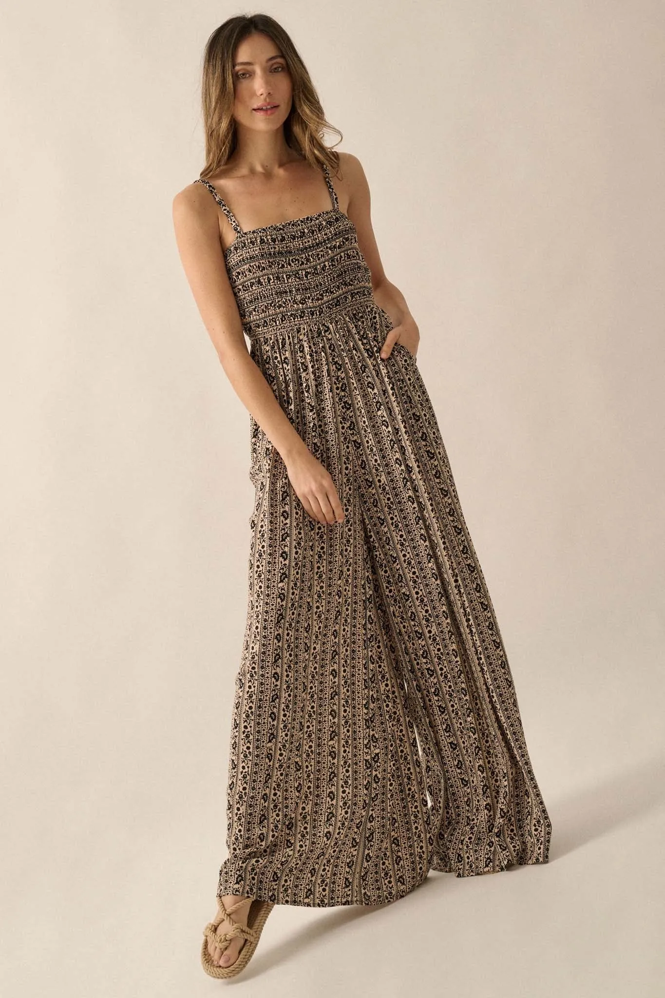 Far Off Somewhere Floral-Stripe Wide-Leg Jumpsuit