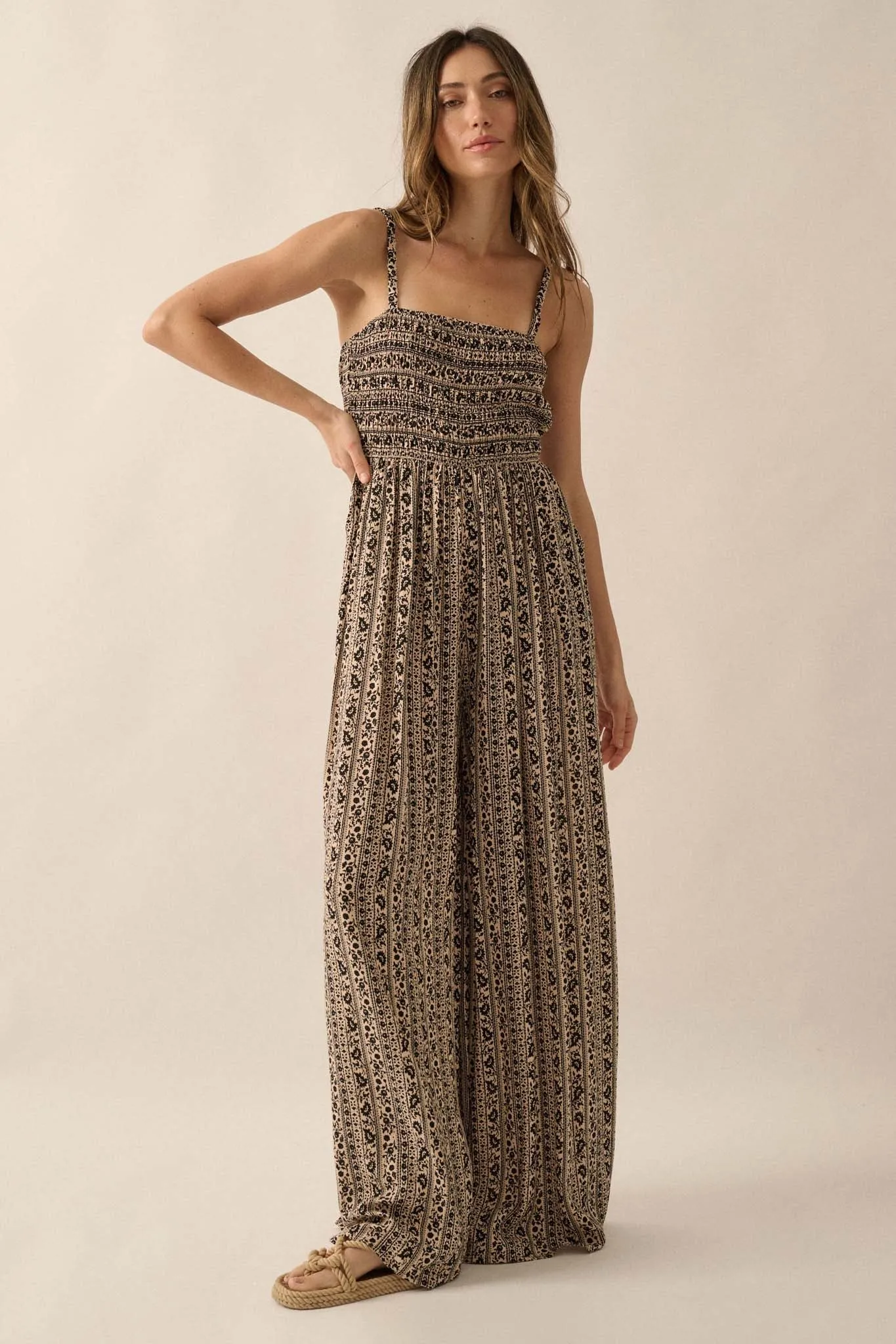 Far Off Somewhere Floral-Stripe Wide-Leg Jumpsuit