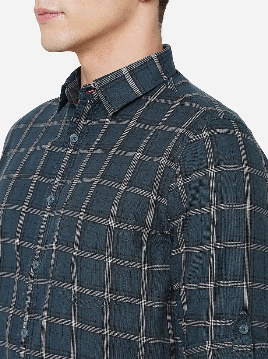 Forest Green Checked Slim Fit Semi Casual Shirt | Greenfibre