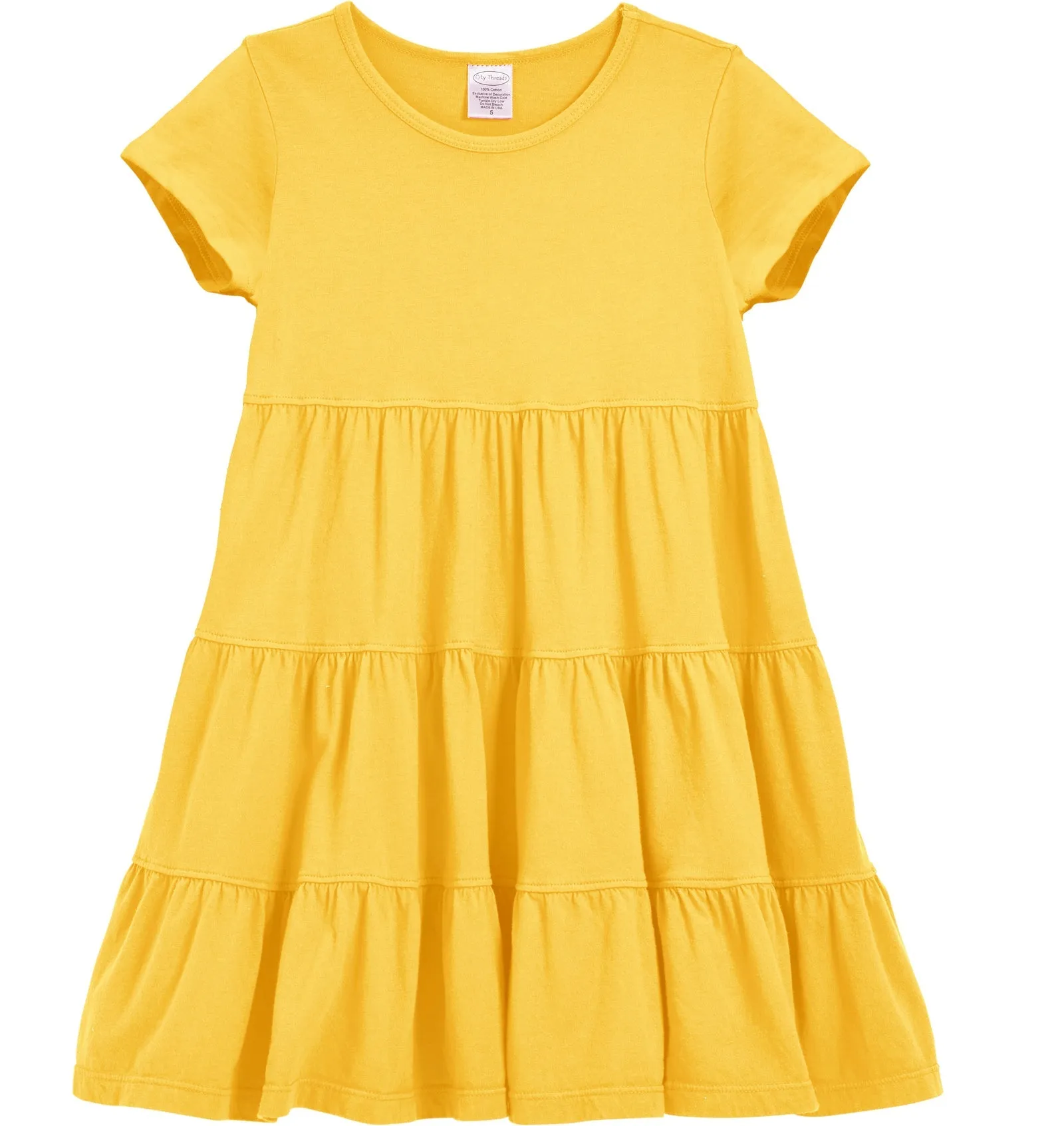 Girls Soft Cotton Jersey Short Sleeve Tiered Dress | Yellow