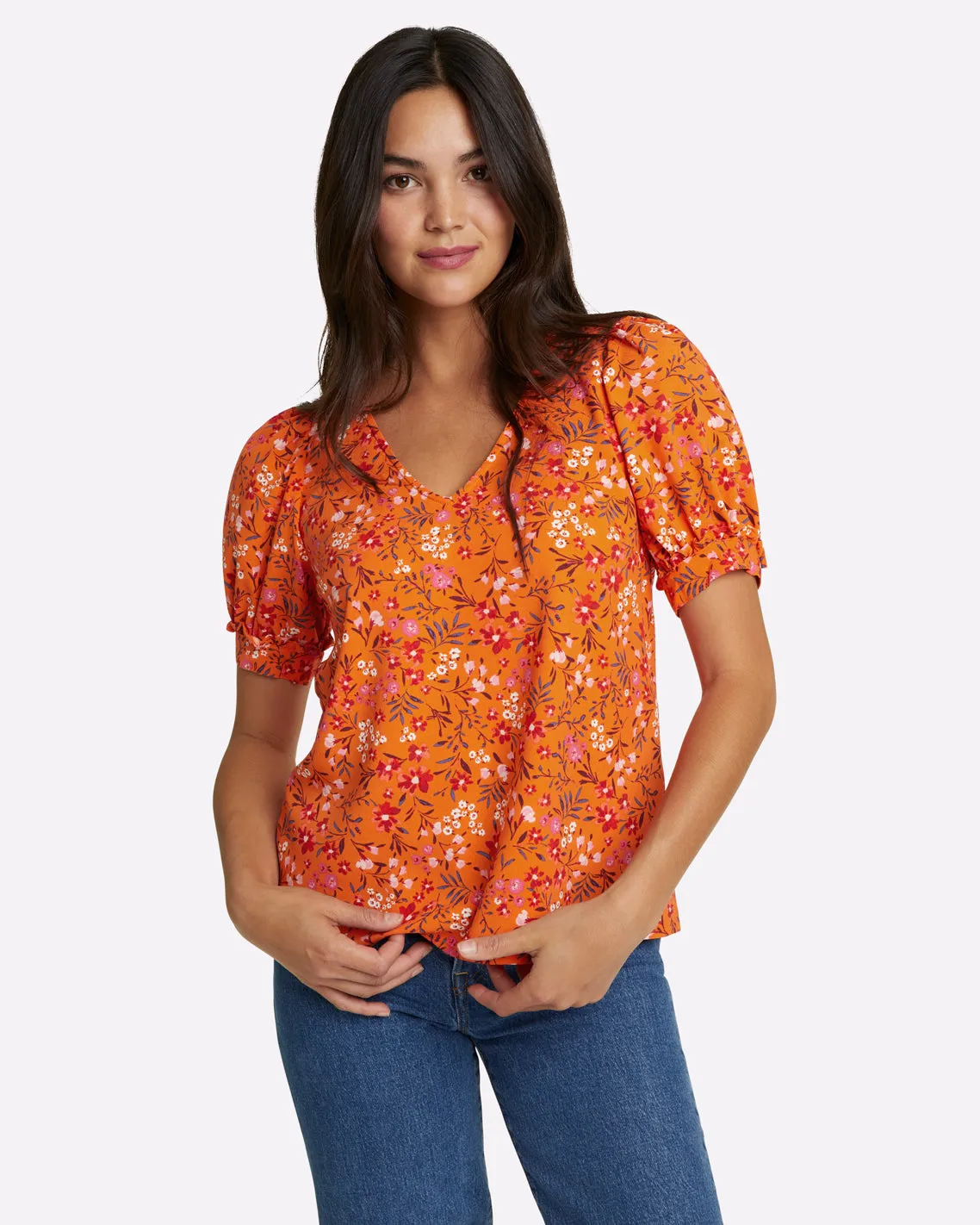 Heidi V-Neck Top in Apricot Pansy Floral