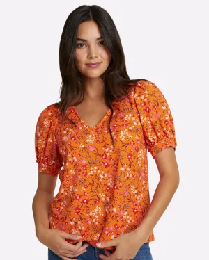 Heidi V-Neck Top in Apricot Pansy Floral