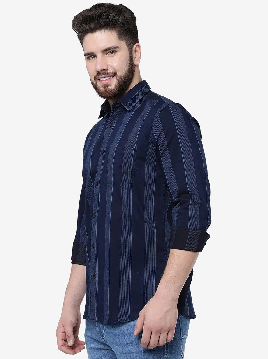 Indigo Blue Striped Slim Fit Casual Shirt | JadeBlue