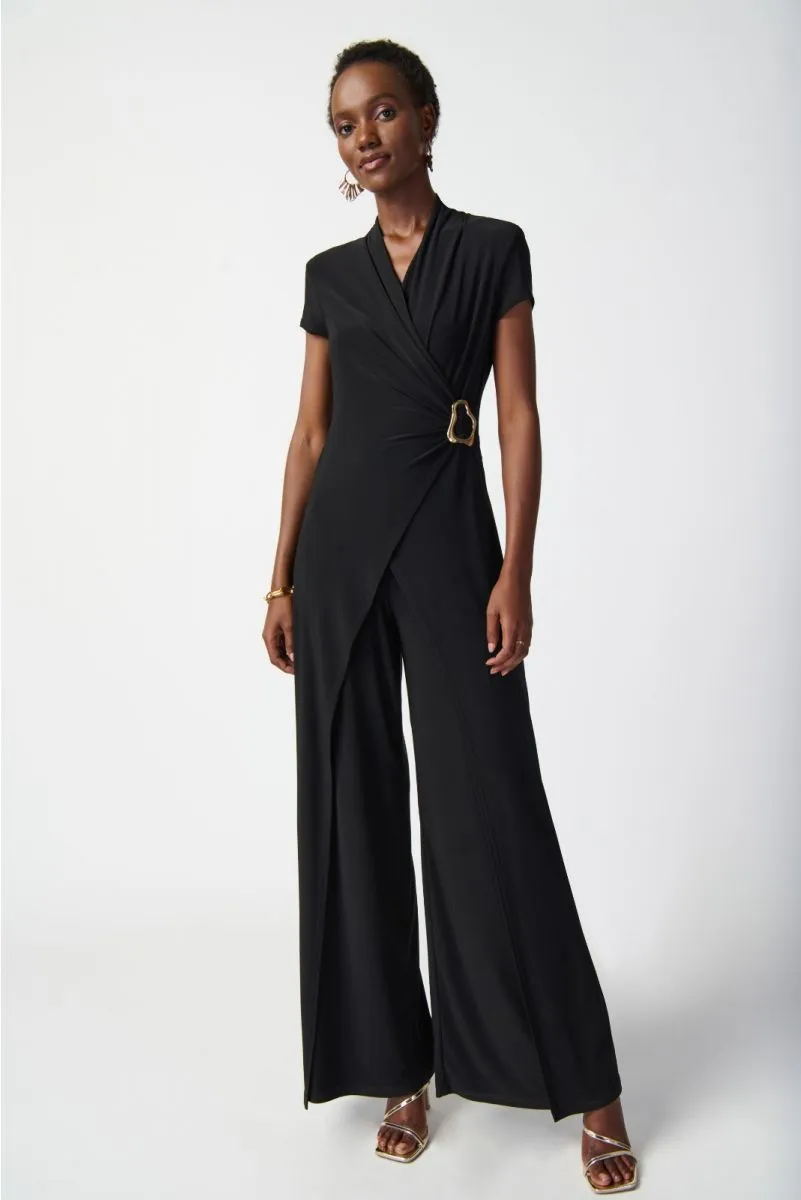 Joseph Ribkoff Black Wrap Front Short Sleeve Wide Leg Jumpsuit 241139