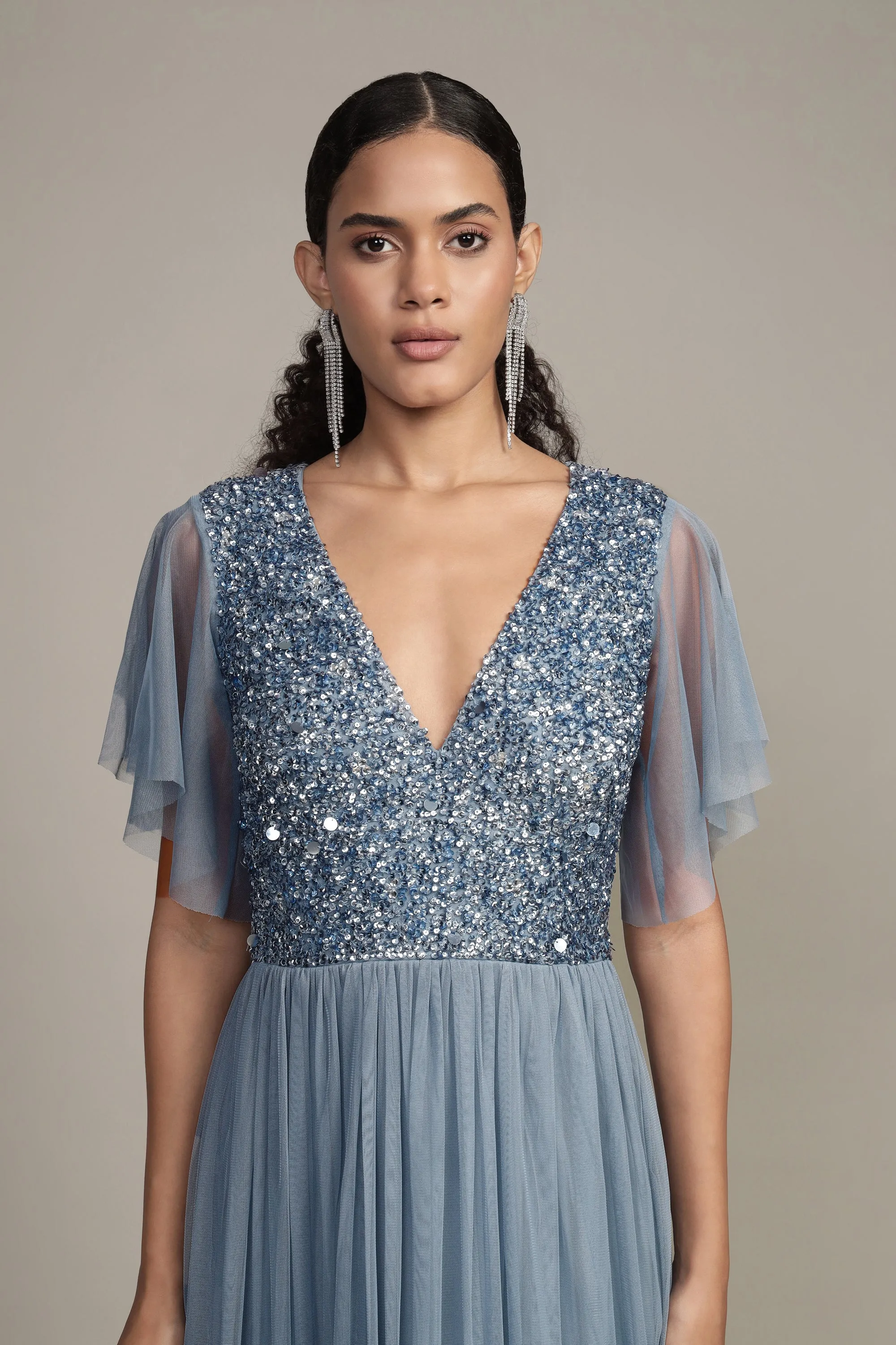 Maddie Embellished Midi in Dusty Blue