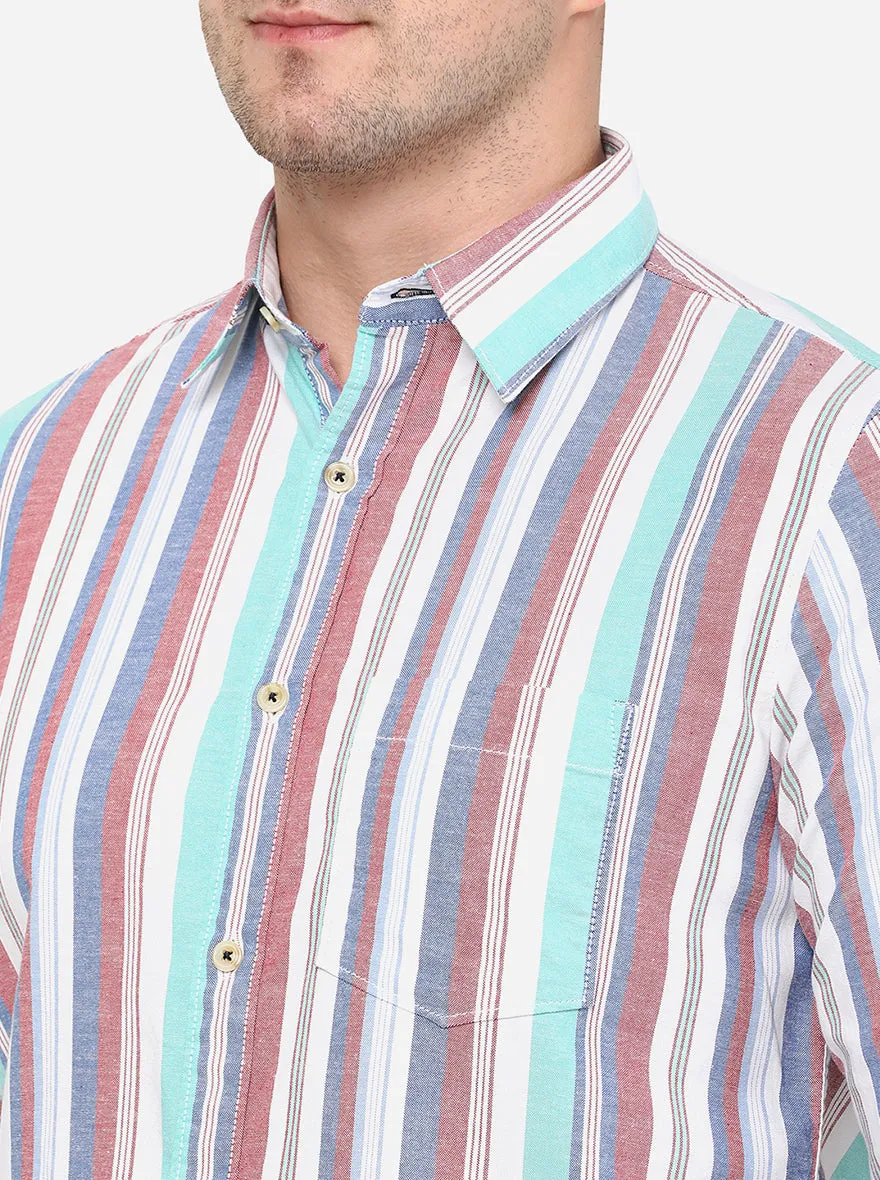 Maroon & White Striped Slim Fit Semi Casual Shirt | JadeBlue