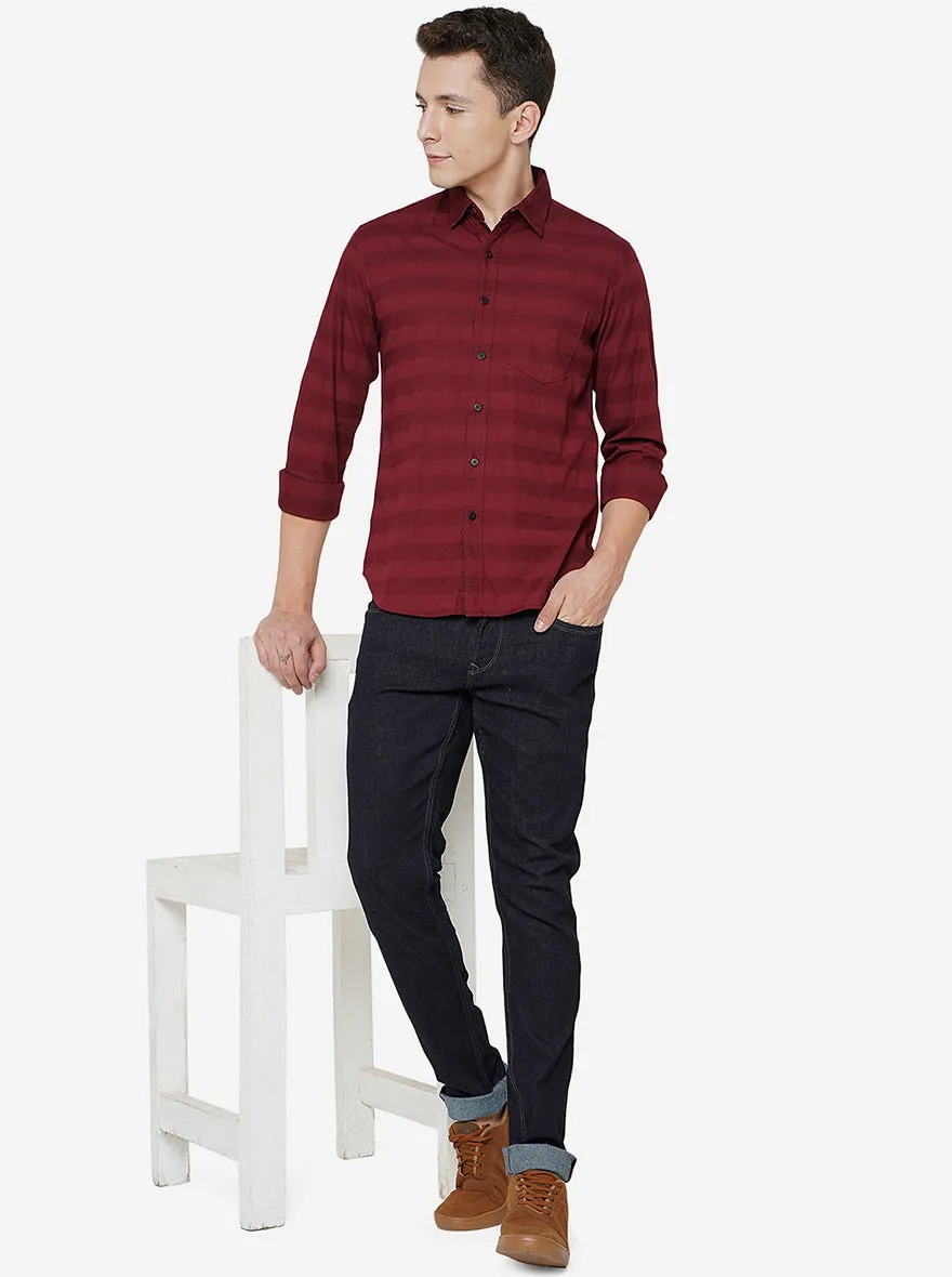 Maroon Striped Slim Fit Semi Casual Shirt | Greenfibre