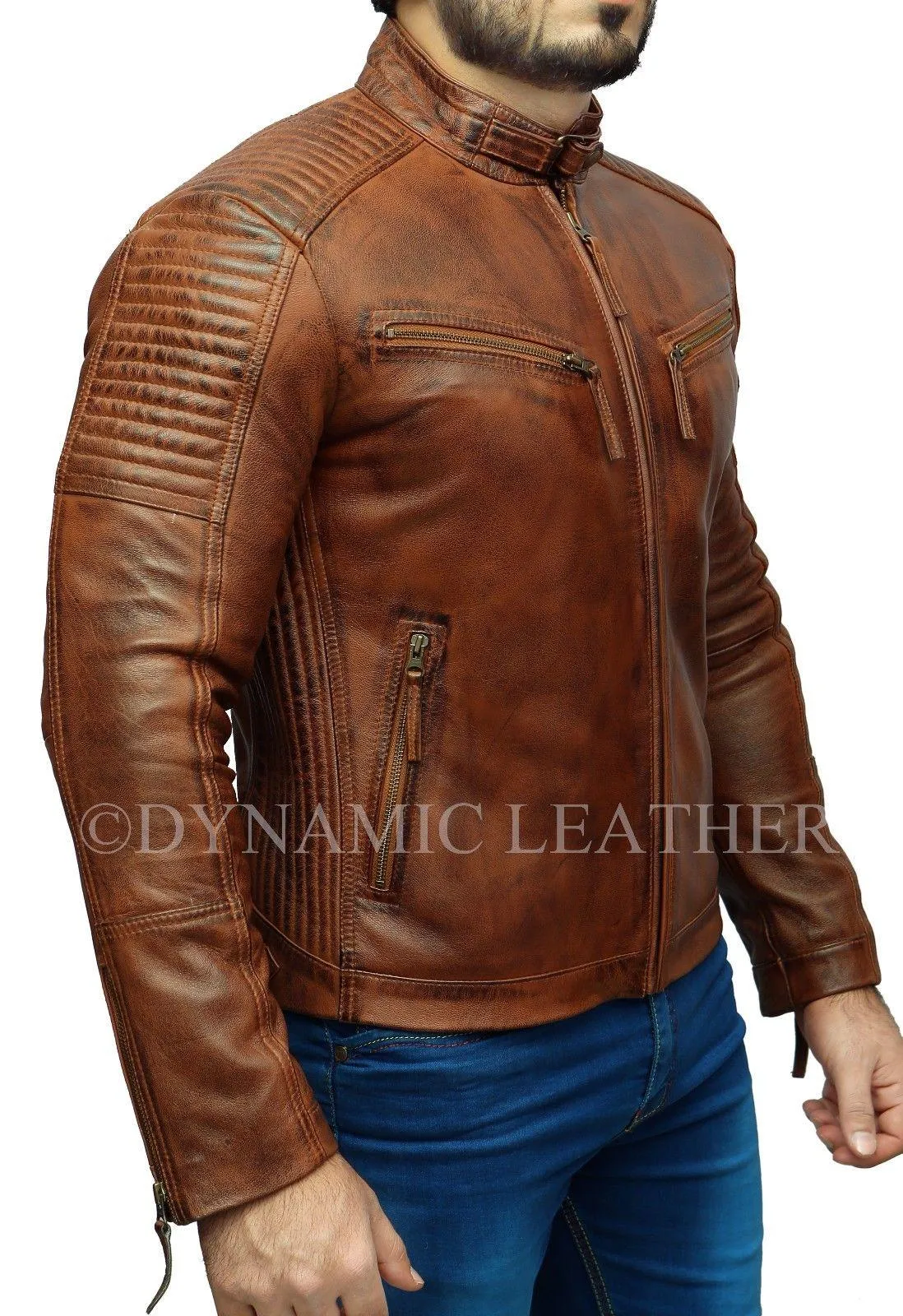 Mens Biker Club New Classic Diamond Vintage Distressed Brown Real Leather Jacket