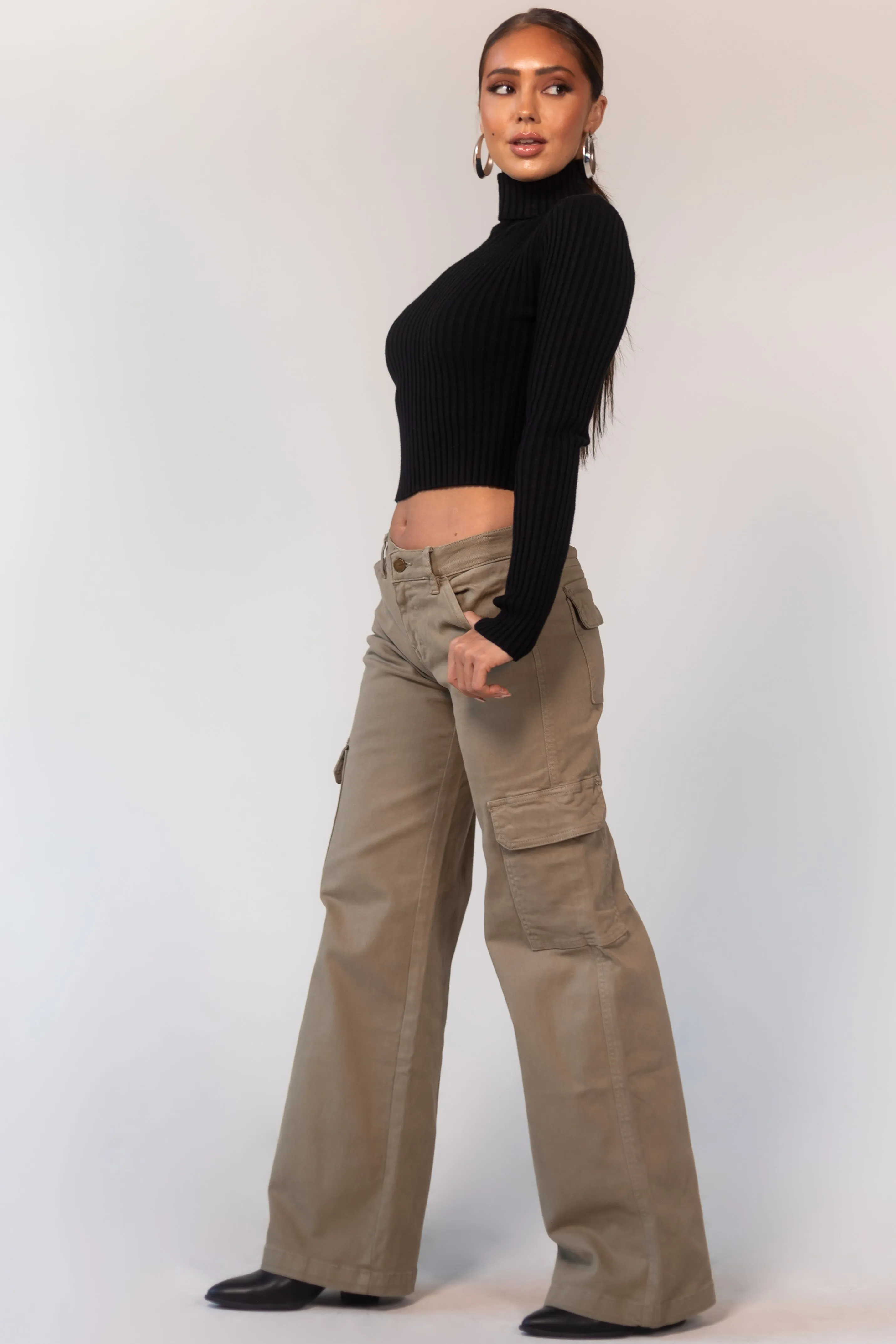 Mica Denim Olive Mid Rise Wide Leg Cargo Jeans