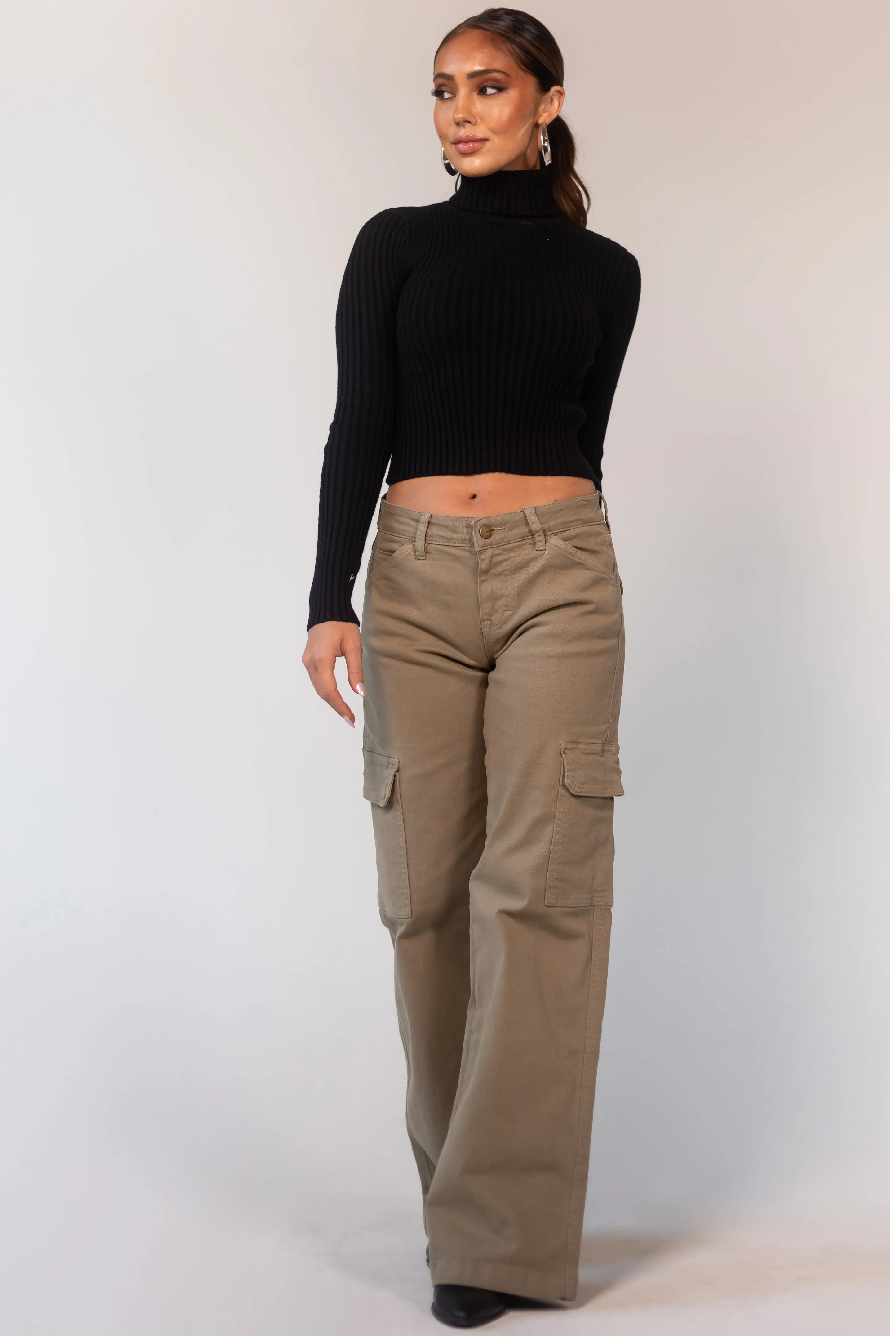 Mica Denim Olive Mid Rise Wide Leg Cargo Jeans