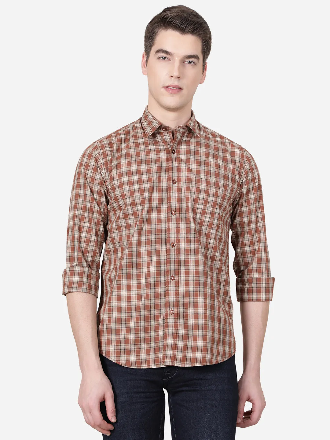 Mocha Brown Checked Slim Fit Casual Shirt | JadeBlue