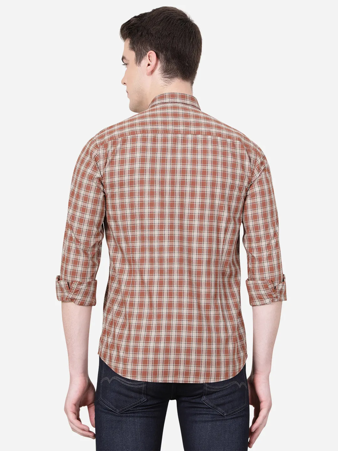 Mocha Brown Checked Slim Fit Casual Shirt | JadeBlue