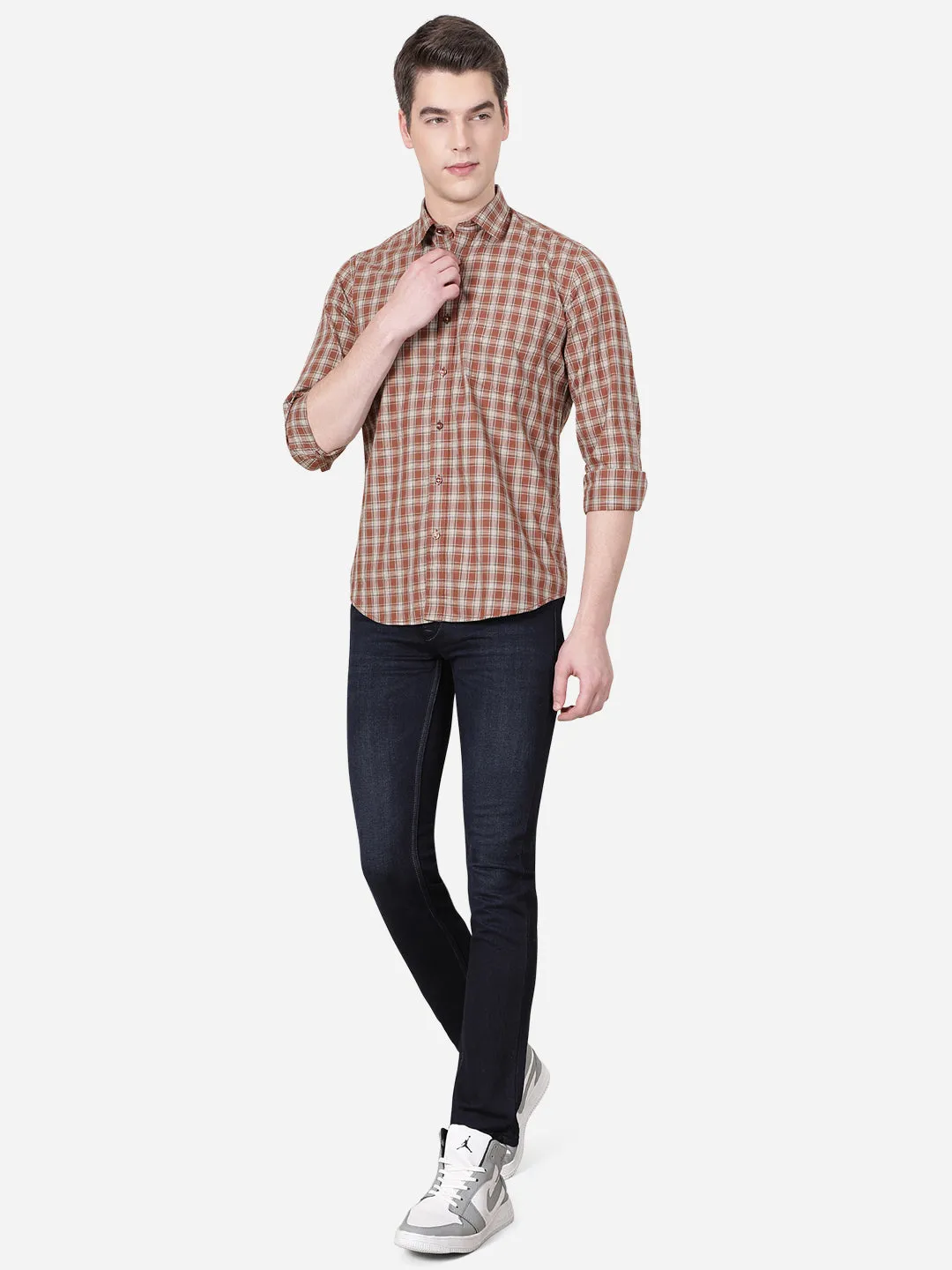 Mocha Brown Checked Slim Fit Casual Shirt | JadeBlue