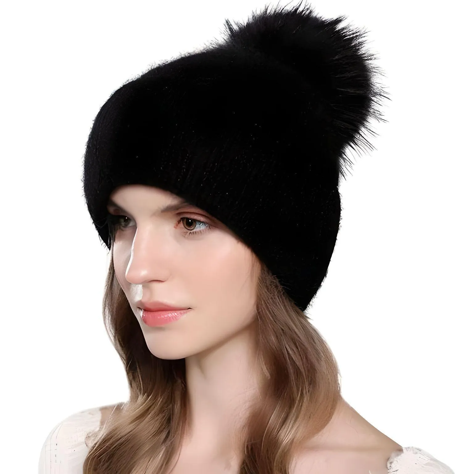 Natural Raccoon Fur Pompom Rabbit Fur Women's Angora Fur Hat Bonnet Women's Winter Hats