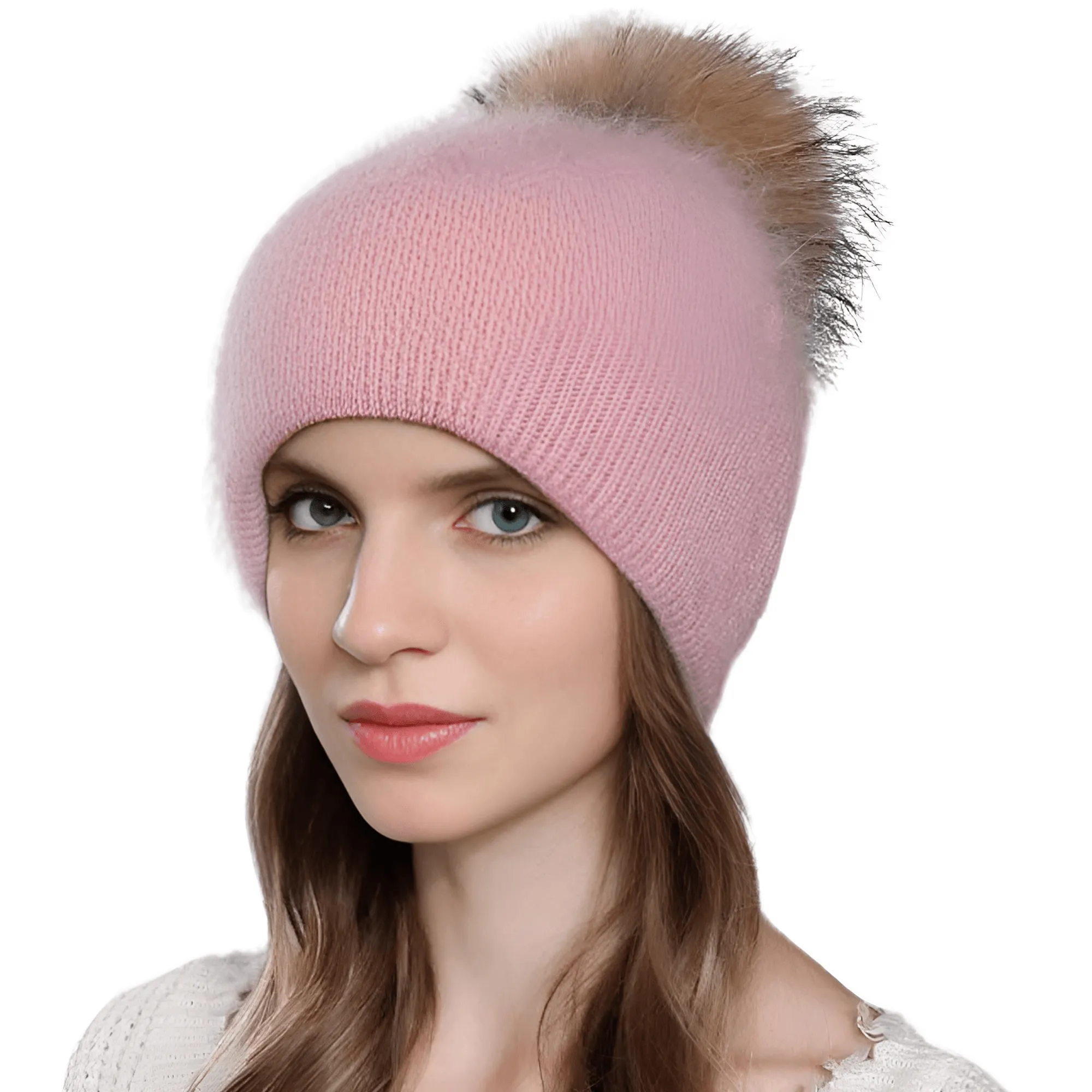 Natural Raccoon Fur Pompom Rabbit Fur Women's Angora Fur Hat Bonnet Women's Winter Hats