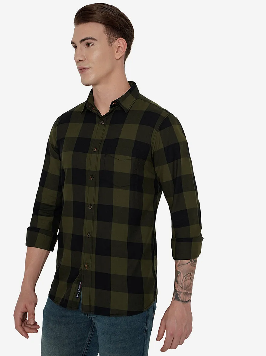 Navy Blue & Green Checked Slim Fit Semi Casual Shirt | JadeBlue