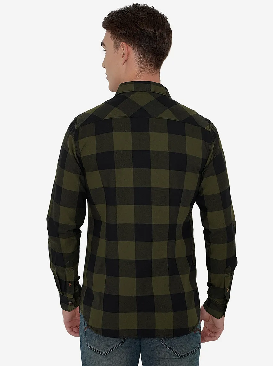 Navy Blue & Green Checked Slim Fit Semi Casual Shirt | JadeBlue