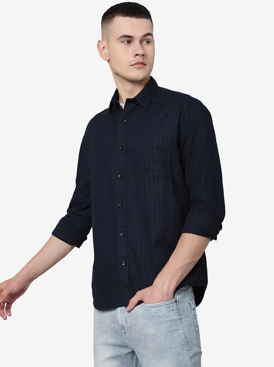 Navy Blue Striped Smart Fit Semi Casual Shirt | Greenfibre