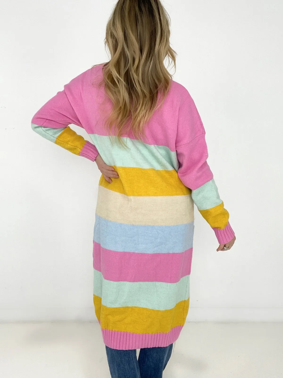 New Size - Candy Ribbon Color Block Long Knit Cardigan