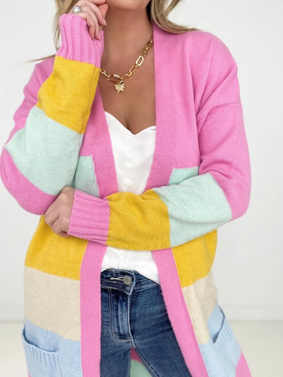 New Size - Candy Ribbon Color Block Long Knit Cardigan