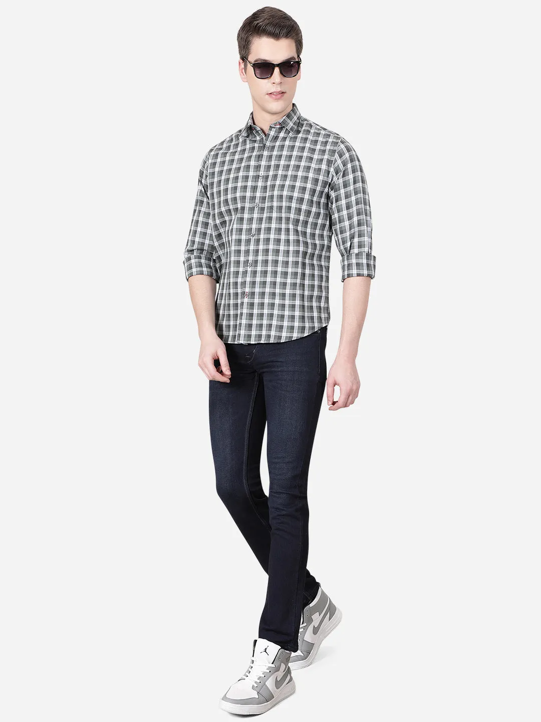 Olive Green Checked Slim Fit Casual Shirt | Greenfibre