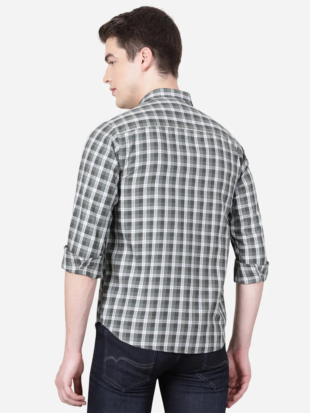 Olive Green Checked Slim Fit Casual Shirt | Greenfibre