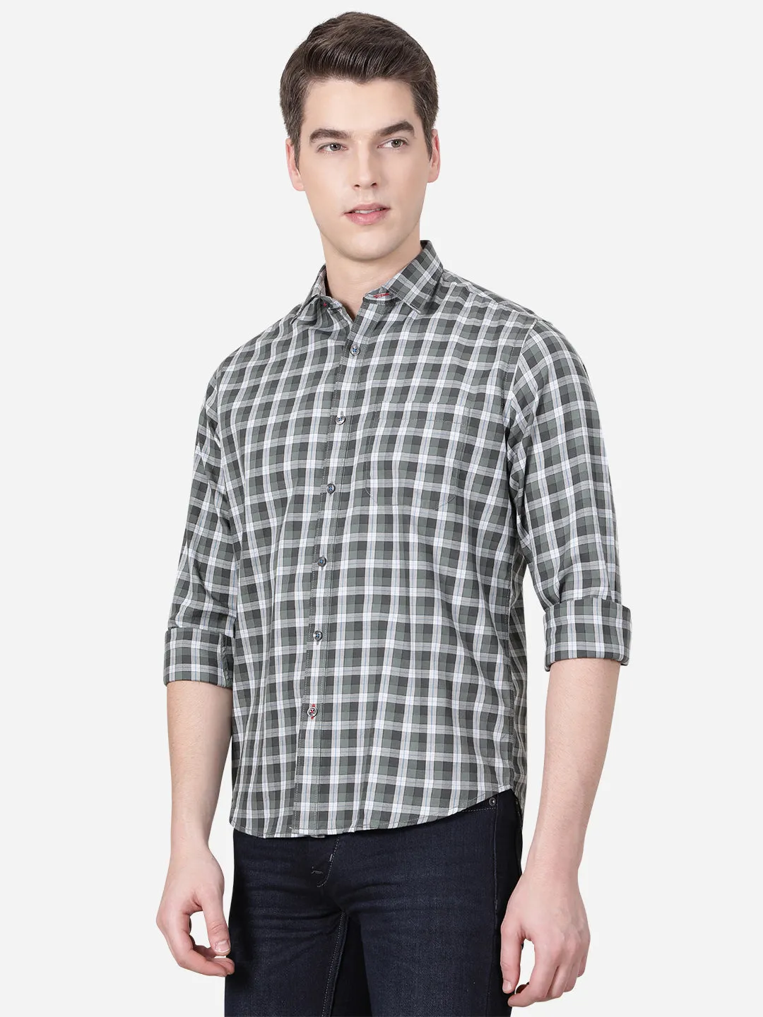 Olive Green Checked Slim Fit Casual Shirt | Greenfibre